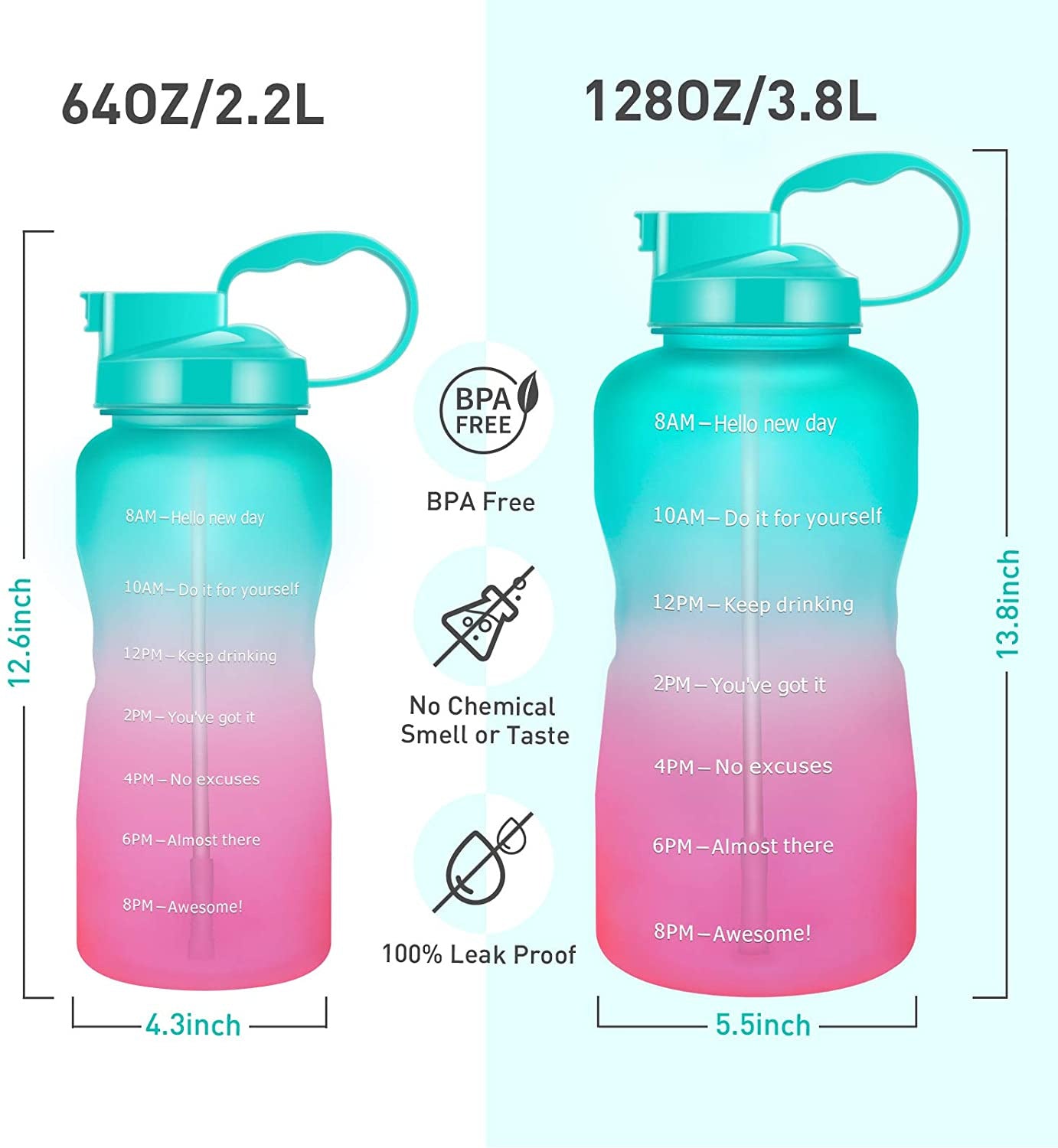 2.2L water bottle inspirational gradient water bottle with handle and straw Fitness sports bottle