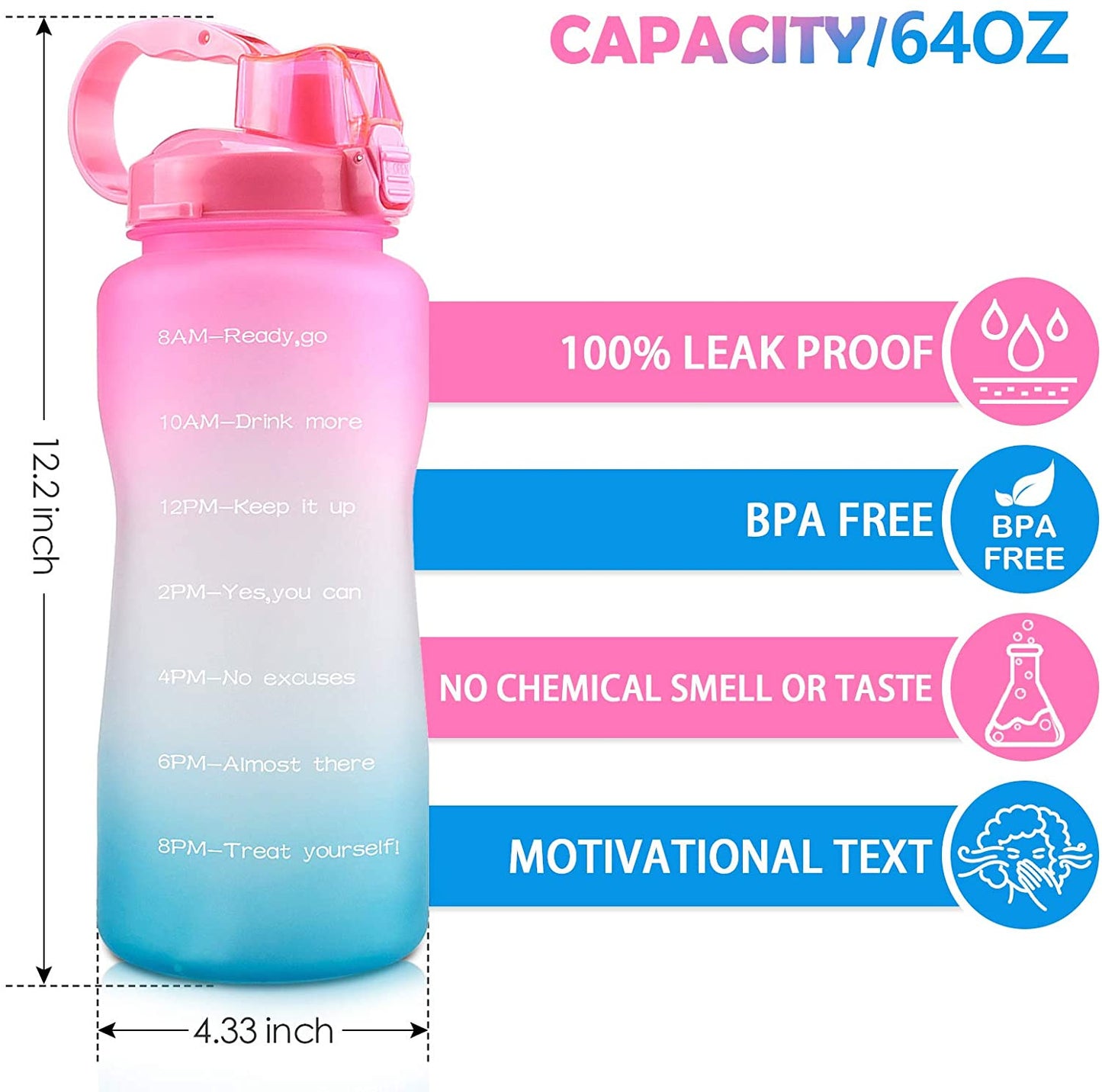 2.2L water bottle inspirational gradient water bottle with handle and straw Fitness sports bottle