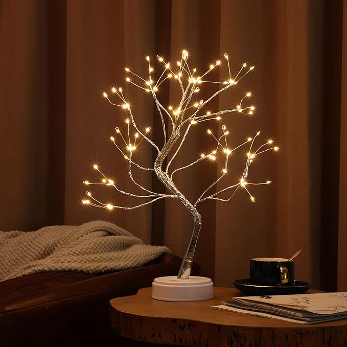 Desktop bonsai lamp shape table lamp LED desktop night light iron tree silver branch pearl gold leaf star Christmas tree