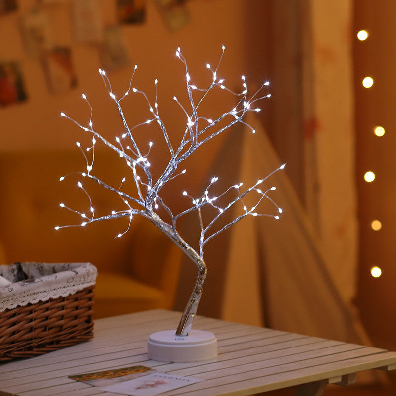 Desktop bonsai lamp shape table lamp LED desktop night light iron tree silver branch pearl gold leaf star Christmas tree